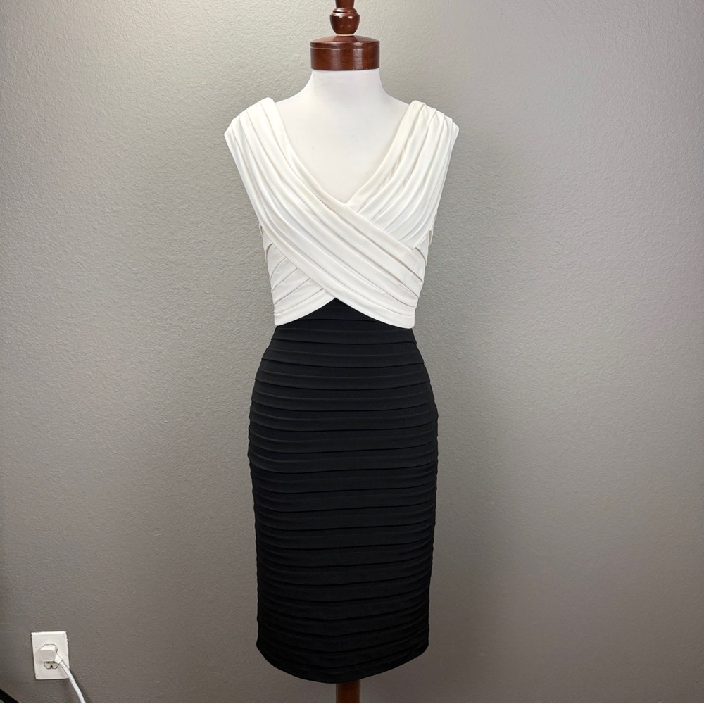 Tadashi Collection Black Ivory Bandage V-neck Bodycon Dress Sz S Party Evening
